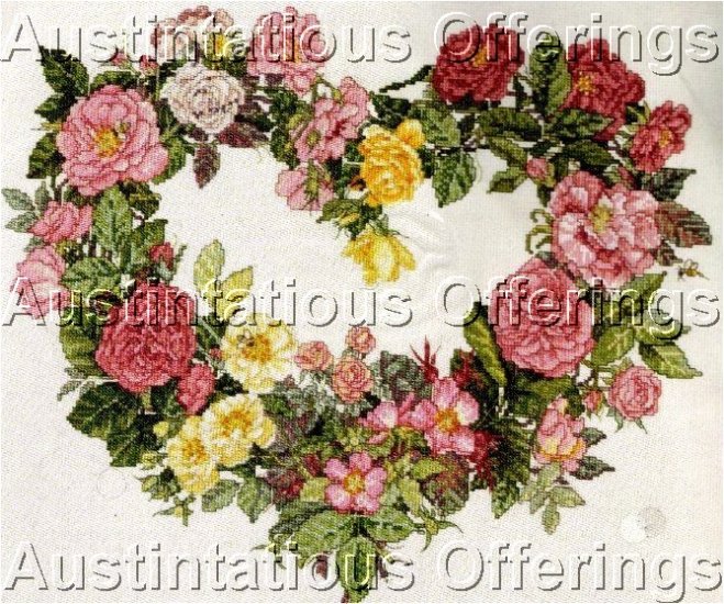 PINK YELLOW ENGLISH GARDEN ROSES CROSS STITCH KIT HEART WREATH