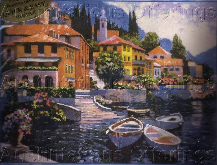 ITALIAN BOATS EMELLISHED CROSS STITCH KIT LAKE COMO MEDITERRANEAN VACATION