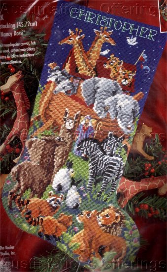 Noah's Ark is a colorful and contemporary needlepoint Christmas stocking kit  by Jolly Red. – Needlepoint For Fun