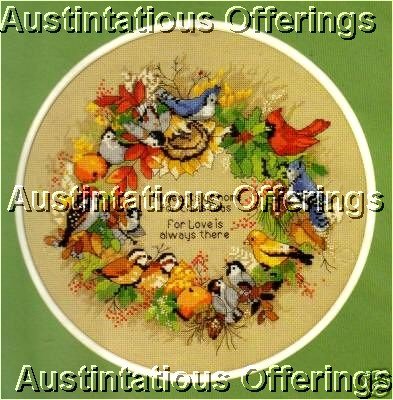 RARE CHRISTMAS FOREST FEATHERED FRIENDS CROSS STITCH WREATH KIT BIRDS CARDINAL