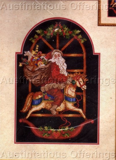 RARE GIAMPA HOLIDAY CROSS STITCH KIT ROCKING HORSE VINTAGE POSTCARD STYLE SANTA CHRISTMAS