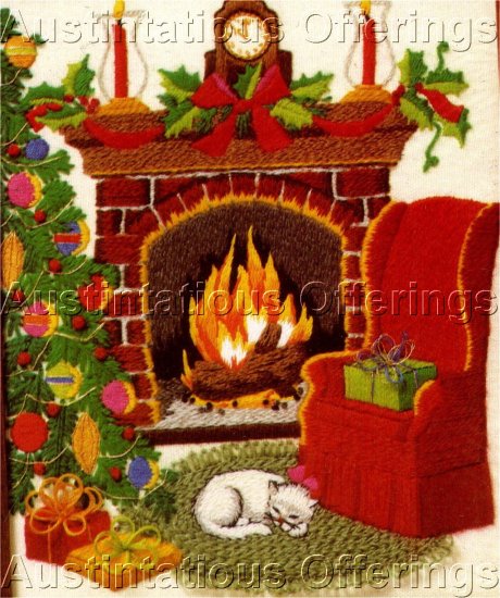 RARE COZY CHRISTMAS FIREPLACE CREWEL EMBROIDERY KIT TREE CAT