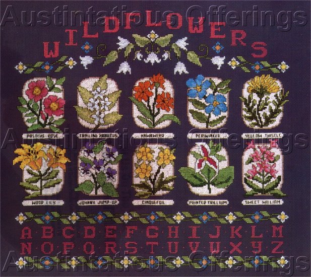 STRIKING NAVY BACKGROUND SPRING WILDFLOWERS CROSS STITCH SAMPLER KIT