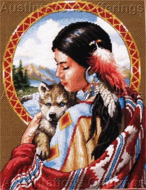 RARE NATIVE AMERICAN MAIDEN NEEDLEPOINT KIT INDIAN WOLF SPIRIT SANDY BODINE