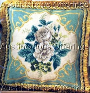 RARE MICHAEL JOLLY VICTORIAN SCROLL FLORAL WHITE ROSES NEEDLEPOINT PILLOW KIT