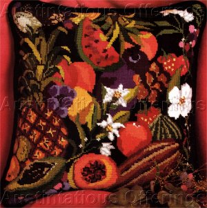 LUSCIOUS SUMMER FRUITS WOOL NEEDLEPOINT PILLOW KIT TROPICAL VEGETABLES AVOCADO PINEAPPLE & MORE