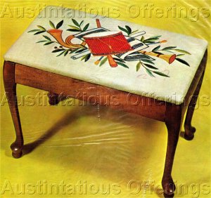 RARE WILSON MUSIC BENCH COVER CREWEL EMBROIDERY KIT DRUM, FRENCH HORN