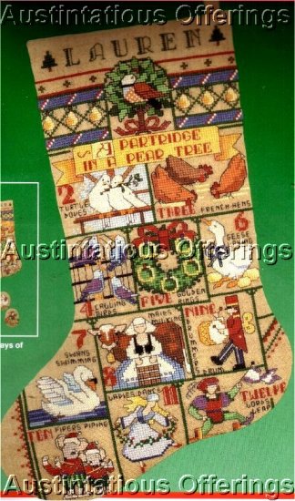 RARE LINEN CROSS STITCH STOCKING KIT 12 DAYS XMAS CHRISTMAS