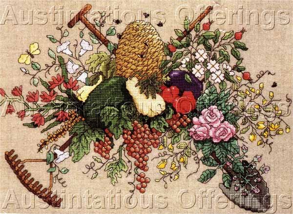 Rare Linda Jary BeesKeep Evenweave Cross Stitch Kit Gardening Fruit Florals Veggies