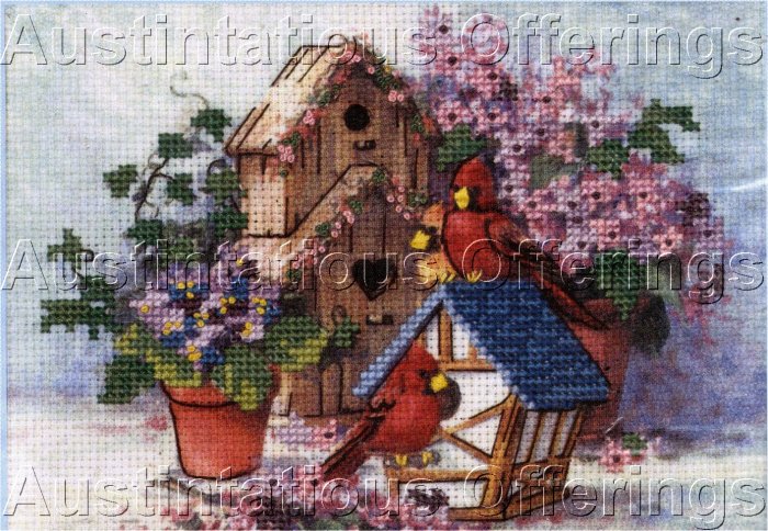 BARBARA MOCK BIRD HOUSE CARDINAL FLOWER EMBELLISHED CROSS STITCH KIT