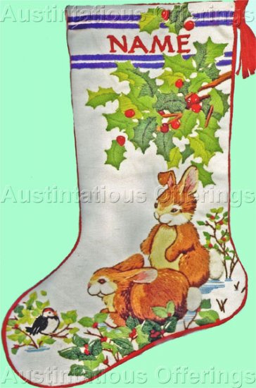 Rare Baatz Bunnies Crewel Embroidery Stocking Kit Holly Boughs