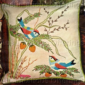 Rare Love Birds Crewel Embroidery Pillow Kit Wood Block Art