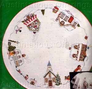 Rare Nancy King Folk Art  Crewel Embroidery Tree Skirt Kit Christmas Village