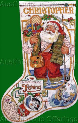 Rare Gillum Christmas Angler Santa Cross Stitch Stocking Kit Fisherman  Right or Left Toe