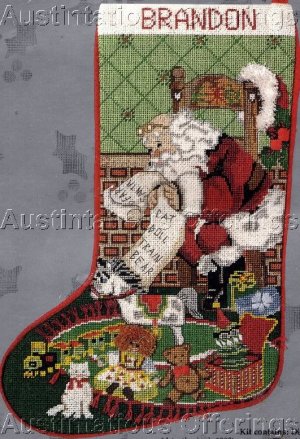 Rare Santa's Toy List Needlepoint Christmas Stocking Kit Train Doll Bear Cat