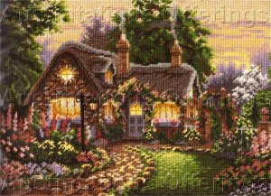 Rare Lisa Burns Thatched Cottage Needlepoint Kit Twilight Garden