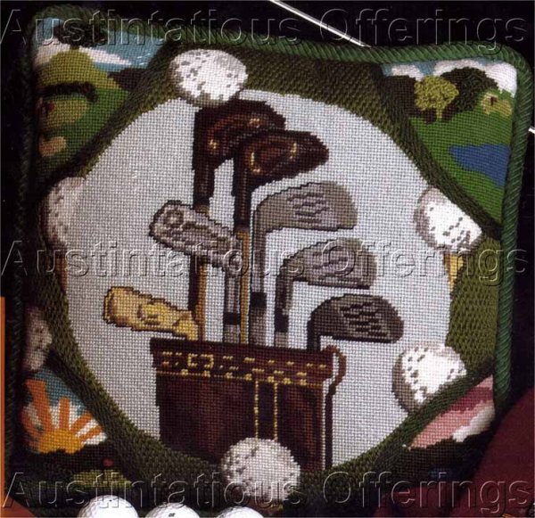 Rare Golf Club Bag Needlepoint Pillow Kit Ball Tee A Day out Golfing