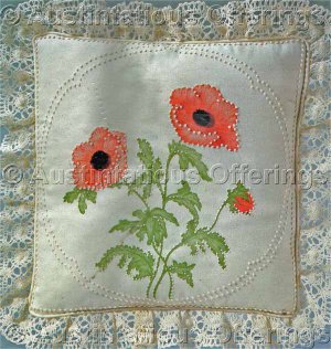 Rare Jean Fox Candlewicking Crewel Embroidery Floral Pillow Kit Poppies