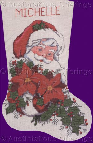 Rare Bonnie S Disotell Santa with Poinsettia Garland Cross Stitch Stocking Kit