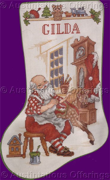 Nostalgic Santa in his Workshop Cross Stitch Stocking Kit Making Toys