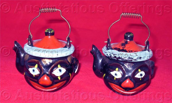 Vintage Black Americana Folk Art Clown Tea kettle Salt and Pepper shakers