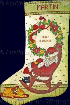 RARE SANTA CLAUS CROSS STITCH STOCKING KIT ALL TUCKERED OUT IN