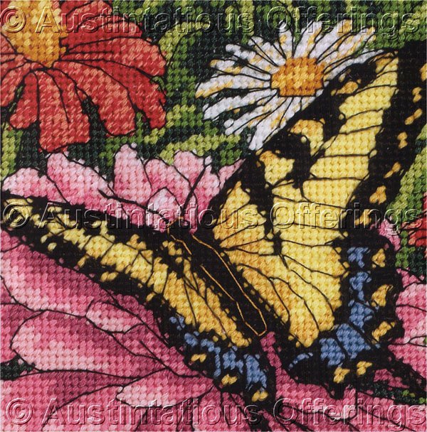 Dramatic Summer Flowers & Butterfly Needlepoint Kit Resting with the Zinnias
