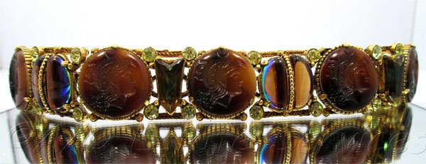 Rare Vintage Florenza Intaglio Bracelet with Earring Set Rhinestones Brown Slag Watermelon Glass