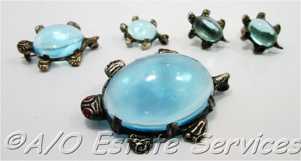 Vintage Clear Aqua Blue Jelly Belly Turtle Pins and Earring Set