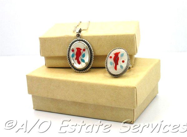 Vintage Native American Inlay Silver Ring & Pendant Mother of Pearl Turquoise Coral