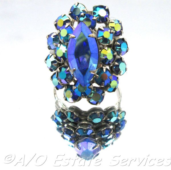 Rare Vintage Blue Glass Rhinestone SIlver Toned Adjustable Ring Gatsby Bling