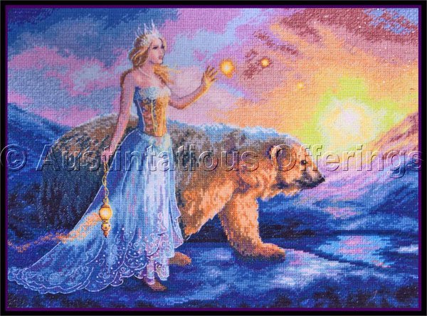 Bente Schlick Artwork Repro Ice Queen Polar Bear Cross Stitch Kit Aurora Borealis