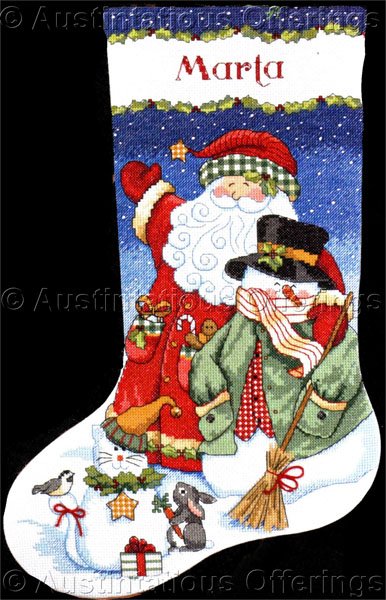 Vicky Howard Art Country Snowman Snow Cat and Santa Cross Stitch Stocking Kit