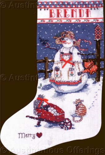Rare Sandi Gore Evans Lady Snowman Cross Stitch Christmas Stocking Kit Snowy Garden