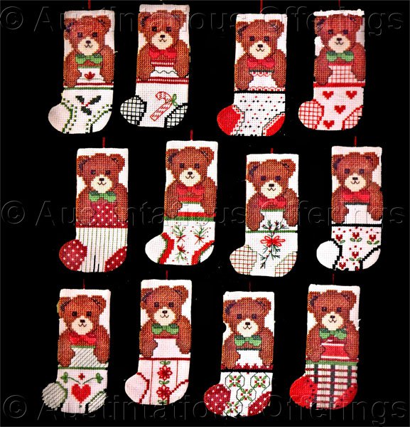 Rare Teddy Bear Ornaments Set Cross Stitch Kit Toys Treats Mini Stocking Designs