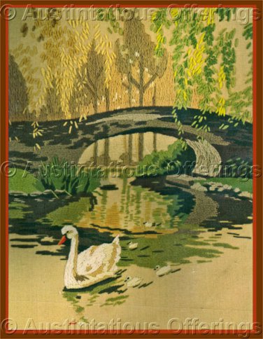 Rare Rienstra Peaceful Waterside Bridge Crewel Embroidery Kit Riverbank Swans