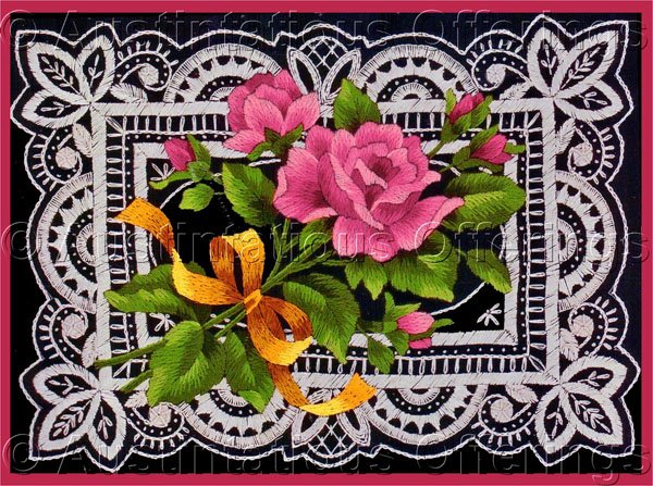 Rare Marchie Vibrant Pink Roses Tied with Yellow Ribbon Crewel Embroidery Kit Dramatic Lace