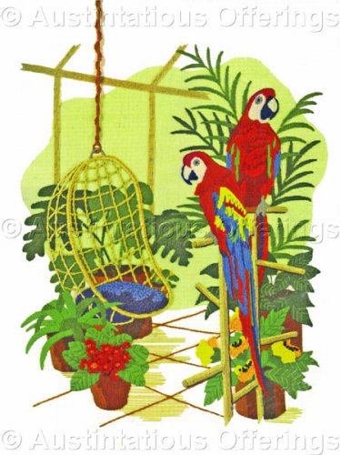 Rare Blyler Parrots in Tropical Porch Crewel Embroidery Kit Scarlet Macaws Atrium Plants