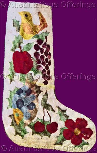 Rare Traditional Folk Art Fruit Floral Garland Needlepoint Stocking Kit