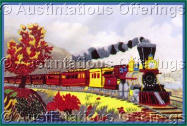 Rare Hudson River Railroad Train Portrait Crewel Embroidery Kit FF Palmer Currier Ives