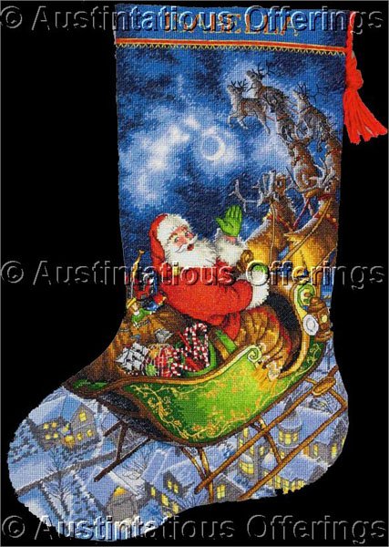 Tom Newsom Santas Reindeer Sleigh Gold Collection Counted Cross Stitch  Christmas Stocking Kit