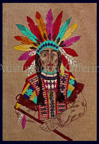 Rare Native American Chieftain in Vibrant Regalia Headdress Crewel Embroidery Kit