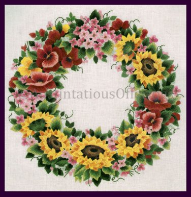 Rare Carter Sunshine Floral Wreath Crewel Embroidery Kit Sunflowers and Pansies