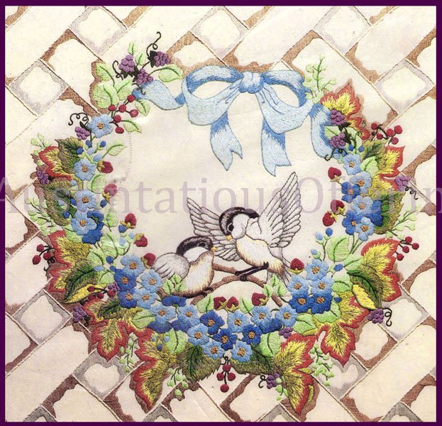 RARE SUMMERTIME FLORAL WREATH CANDLEWICKING CREWEL EMBROIDERY KIT NESTING CHICKADEES