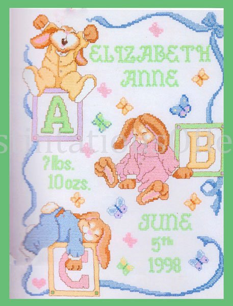 Steinmeyer Sleepy Bunny Birth Record Stamped Cross Stitch Sampler Kit