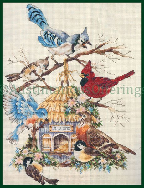 Rare Thatched Birdhouse Cross Stitch Kit Springtime Songbirds Bluebird Robin Chickadees Cardinal Jay