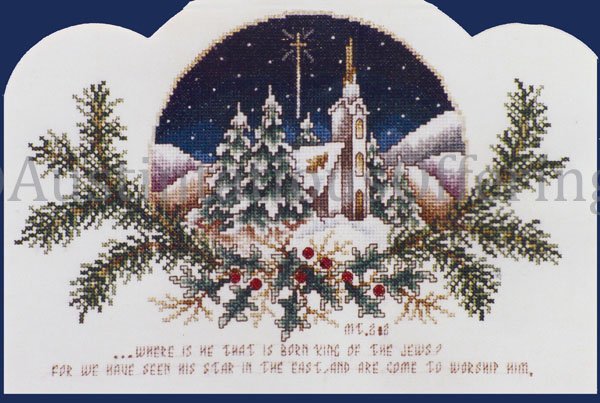 Rare Inspirational Vintage Postcard Style Cross Stitch Kit Wintry Village Bible Verse Matthew 2:2