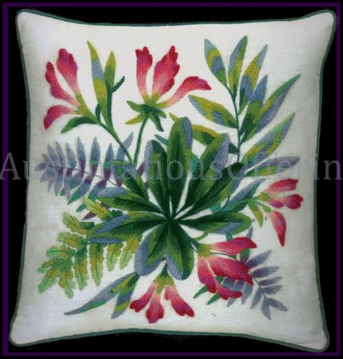 RARE MARCHIE EMERALD GREEN FERNS PINK FLORAL CREWEL EMBROIDERY PILLOW KIT