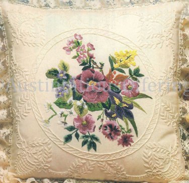 Rare Wildflower Candlewicking Crewel Embroidery Floral Pillow Kit Goldenrod Irises Pansies