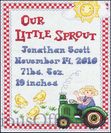 Our Little Sprout Farm Baby Birth Record Cross Stitch Kit Tractor